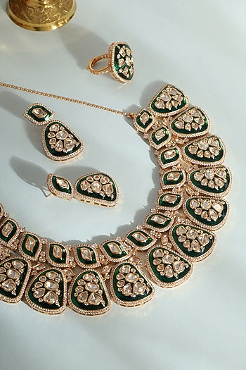 Gold Finish Green Moissanite Stone Necklace Set In Sterling Silver