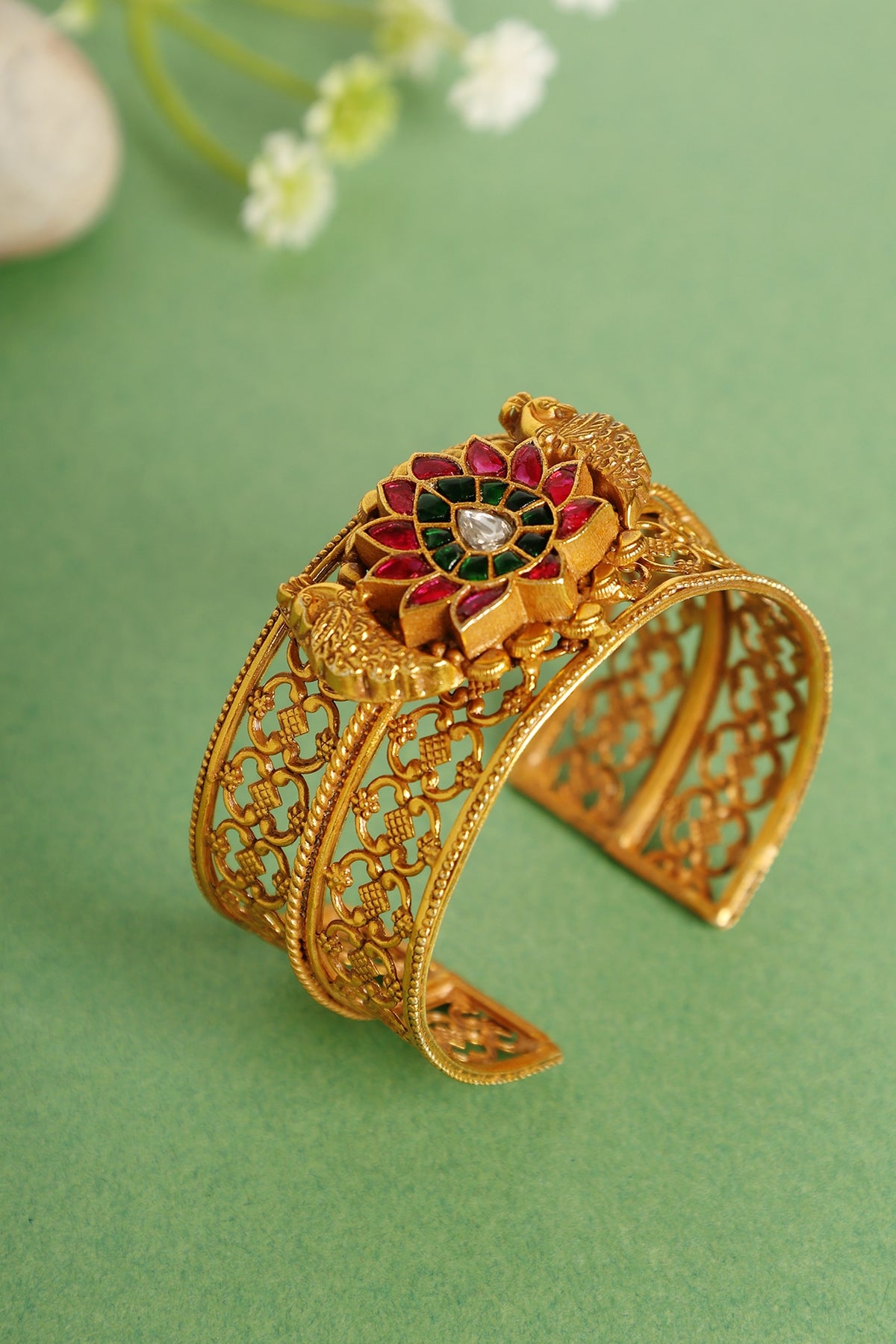 Gold Finish Red & Green Kundan Polki Openable Temple Kada