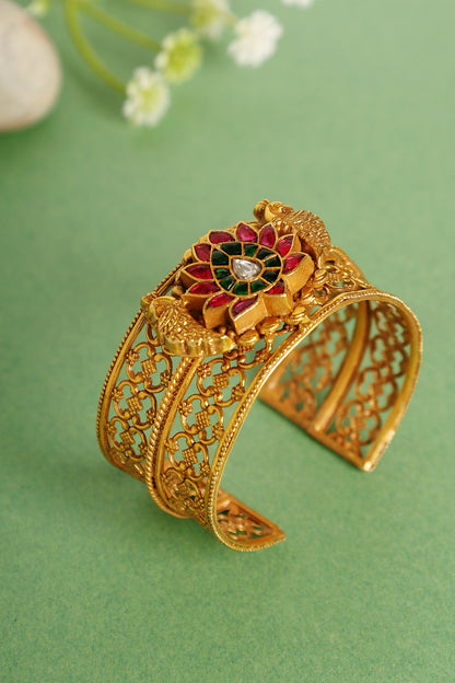 Gold Finish Red & Green Kundan Polki Openable Temple Kada