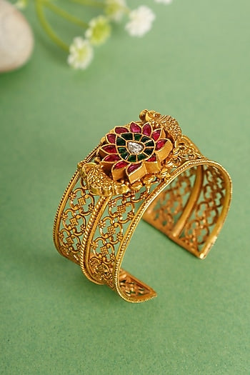 Gold Finish Red & Green Kundan Polki Openable Temple Kada