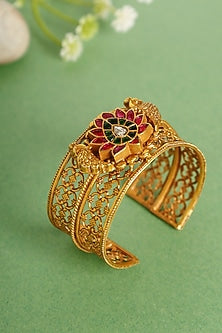 Gold Finish Red & Green Kundan Polki Openable Temple Kada