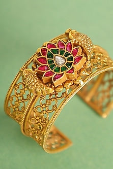 Gold Finish Red & Green Kundan Polki Openable Temple Kada