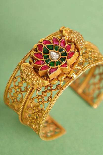Gold Finish Red & Green Kundan Polki Openable Temple Kada