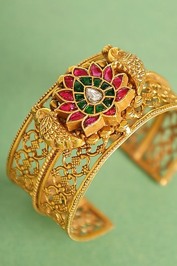 Gold Finish Red & Green Kundan Polki Openable Temple Kada