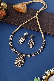 Gold Finish Moissanite Stone Long Necklace Set In Sterling Silver