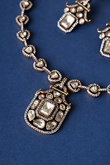 Gold Finish Moissanite Stone Long Necklace Set In Sterling Silver