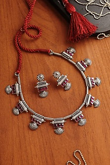 White Finish Pink Stone Temple Tribal Necklace Set In Sterling Silver