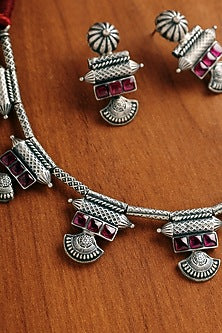 White Finish Pink Stone Temple Tribal Necklace Set In Sterling Silver