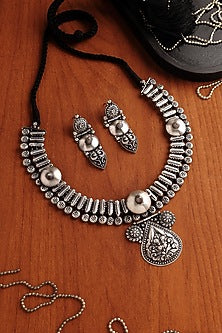 White Finish Tribal Motif Temple Necklace Set In Sterling Silver