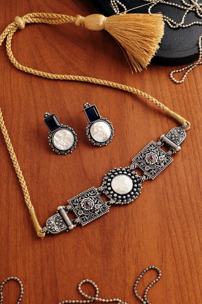 White Finish Blue Onyx Stone Temple Choker Necklace Set In Sterling Silver