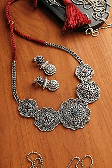 White Finish Blue Kempstone Temple Necklace Set In Sterling Silver