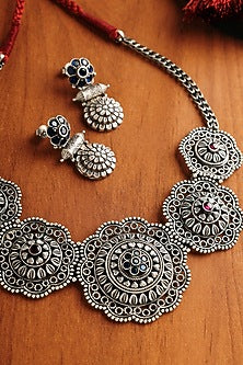 White Finish Blue Kempstone Temple Necklace Set In Sterling Silver