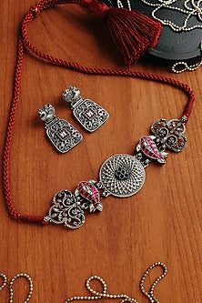 White Finish Pink Kundan Polki Temple Choker Necklace Set In Sterling Silver