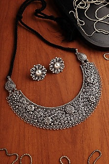 White Finish Pearl Floral Temple Necklace Set In Sterling Silver