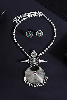 White Finish Ruby Stone Long Pendant Necklace Set In Sterling Silver
