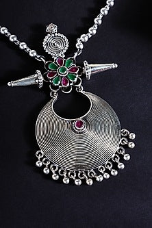 White Finish Ruby Stone Long Pendant Necklace Set In Sterling Silver