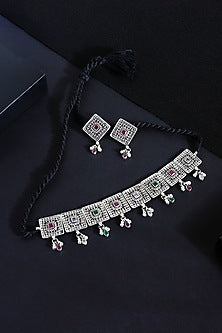 White Finish Ruby Stone Choker Necklace Set In Sterling Silver
