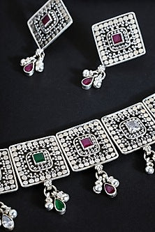White Finish Ruby Stone Choker Necklace Set In Sterling Silver