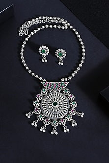 White Finish Ruby Stone Long Pendant Necklace Set In Sterling Silver