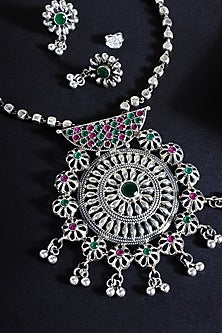 White Finish Ruby Stone Long Pendant Necklace Set In Sterling Silver