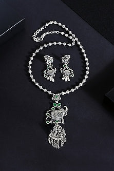 White Finish Emerald Green Stone Temple Long Necklace Set In Sterling Silver