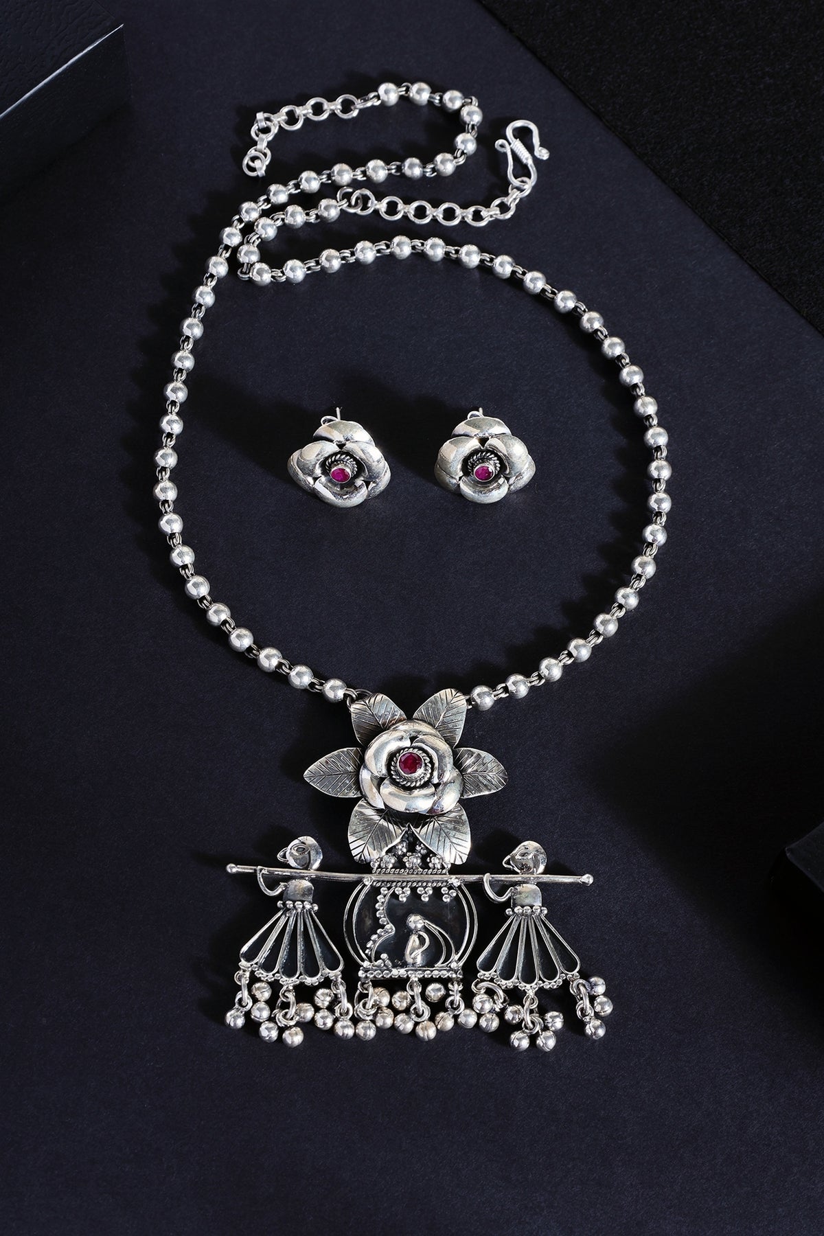 White Finish Floral Onyx Temple Necklace Set In Sterling Silver