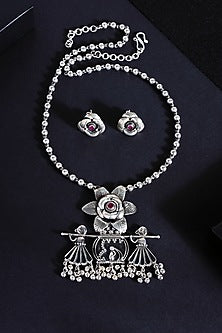 White Finish Floral Onyx Temple Necklace Set In Sterling Silver