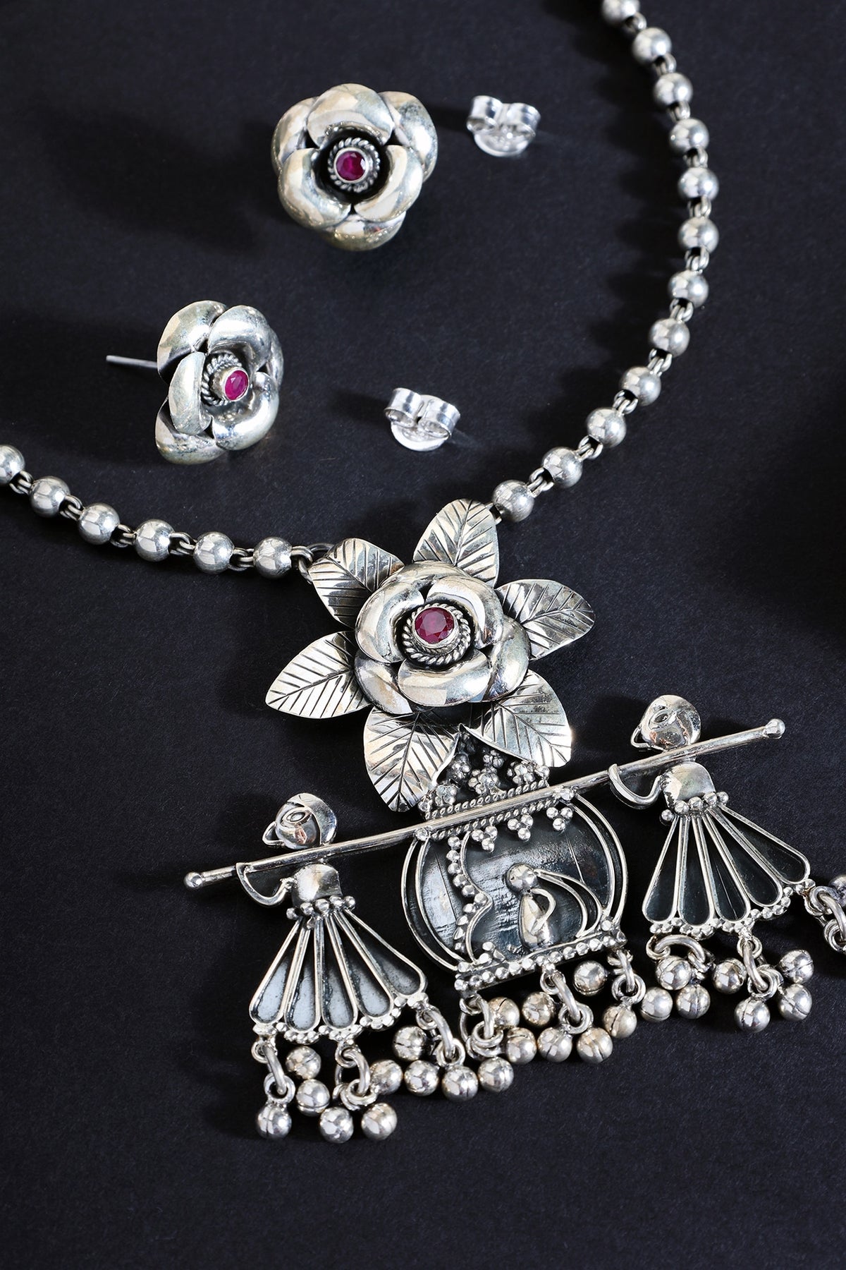 White Finish Floral Onyx Temple Necklace Set In Sterling Silver