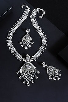 White Finish Cubic Zirconia Stone Temple Long Necklace Set In Sterling Silver