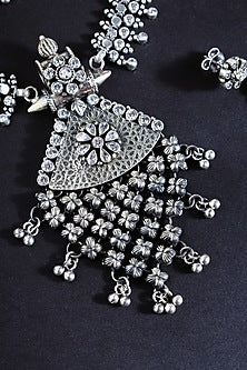 White Finish Cubic Zirconia Stone Temple Long Necklace Set In Sterling Silver