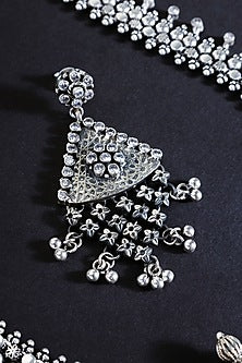 White Finish Cubic Zirconia Stone Temple Long Necklace Set In Sterling Silver