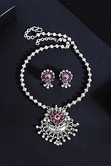 White Finish Ruby Stone Temple Floral Pendant Necklace Set In Sterling Silver