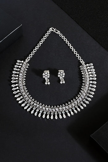 White Finish Cubic Zirconia Stone Temple Tribal Necklace Set In Sterling Silver