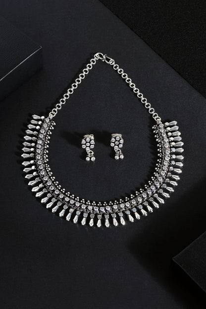 White Finish Cubic Zirconia Stone Temple Tribal Necklace Set In Sterling Silver