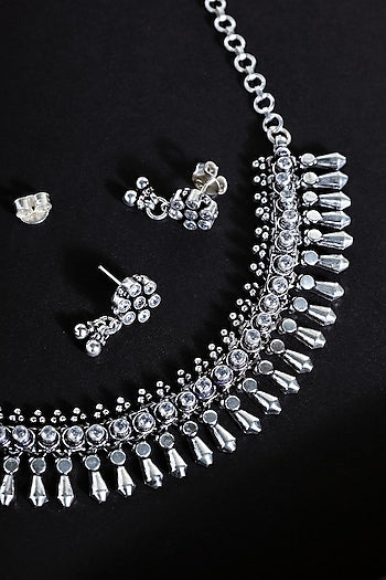 White Finish Cubic Zirconia Stone Temple Tribal Necklace Set In Sterling Silver