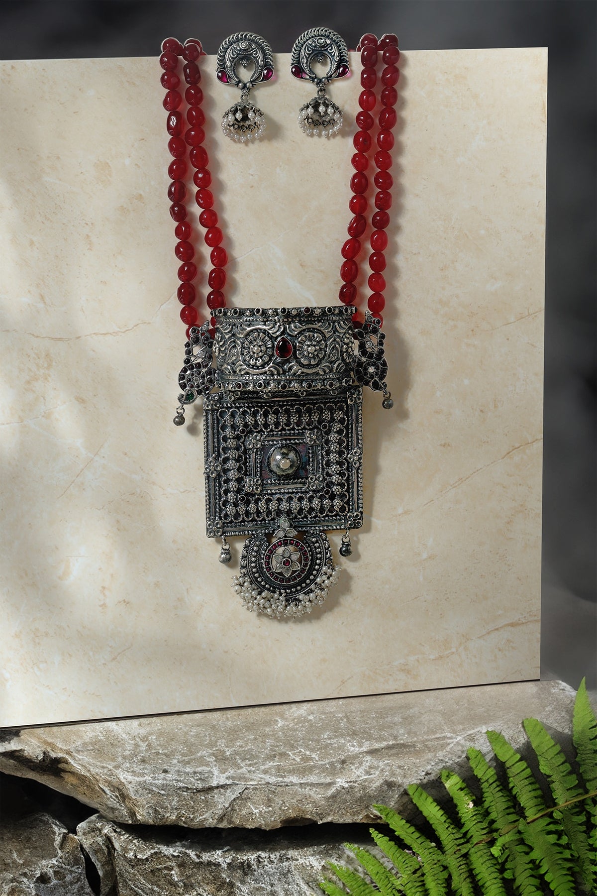 White Finish Ruby Kempstone Temple Pendant Necklace Set In Sterling Silver