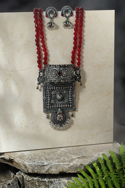 White Finish Ruby Kempstone Temple Pendant Necklace Set In Sterling Silver