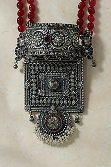 White Finish Ruby Kempstone Temple Pendant Necklace Set In Sterling Silver