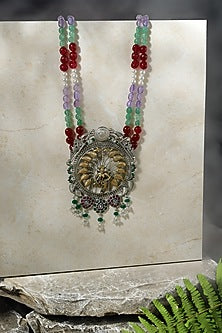 Two-Tone Finish Kempstone & Pearl Temple Pendant Necklace In Sterling Silver