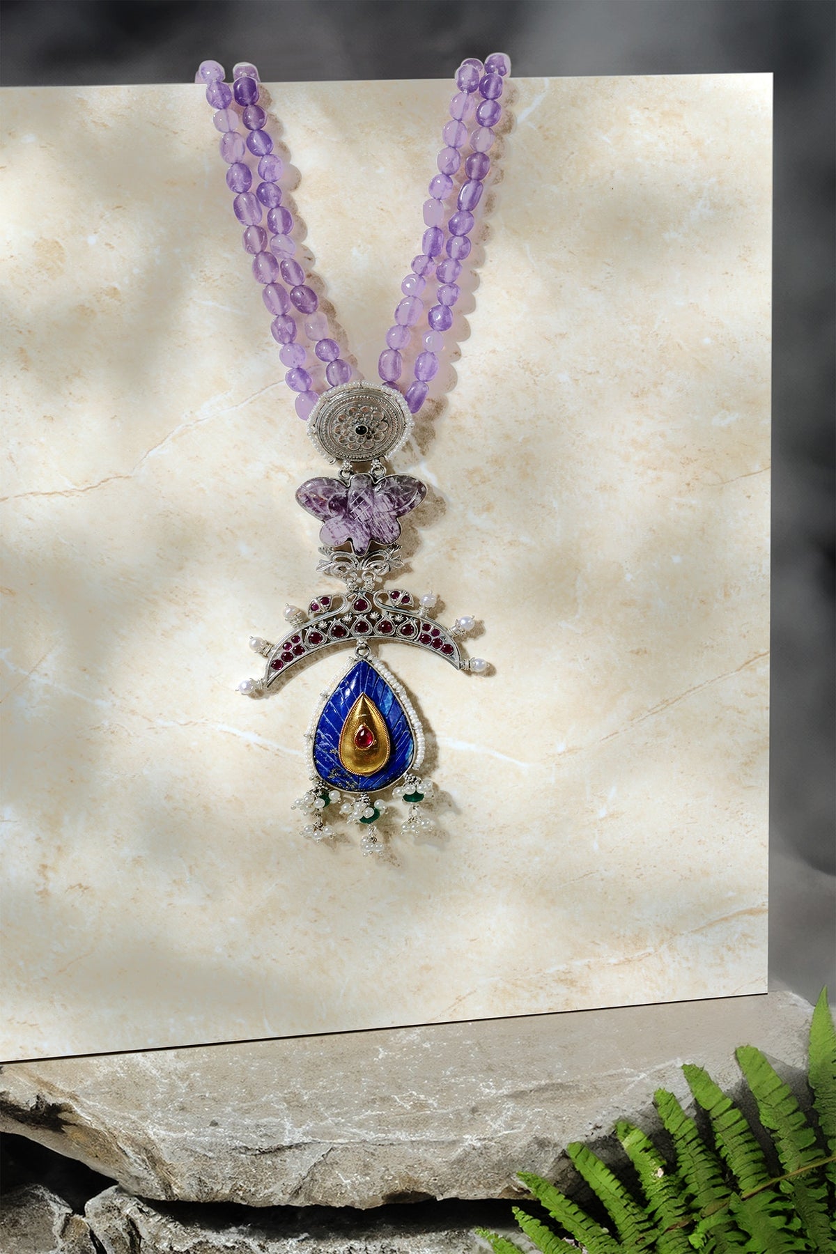 Two-Tone Finish Lapis Lazuli & Red Kempstone Temple Pendant Necklace In Sterling Silver