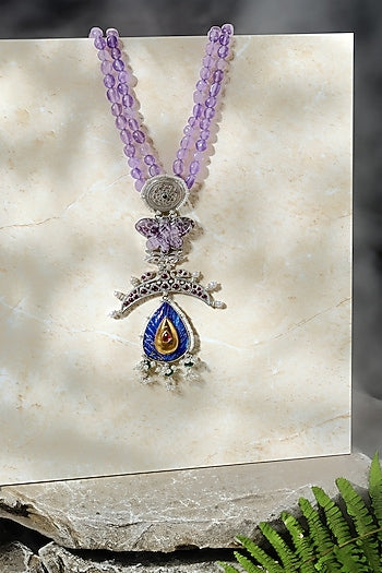 Two-Tone Finish Lapis Lazuli & Red Kempstone Temple Pendant Necklace In Sterling Silver