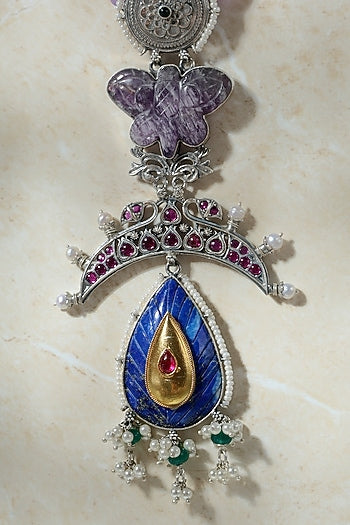 Two-Tone Finish Lapis Lazuli & Red Kempstone Temple Pendant Necklace In Sterling Silver
