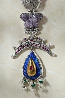 Two-Tone Finish Lapis Lazuli & Red Kempstone Temple Pendant Necklace In Sterling Silver