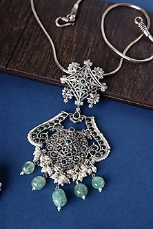 White Finish Green Kemp stone & Pearl Pendant Necklace Set In Sterling Silver