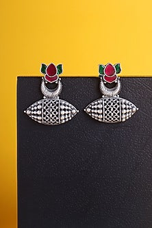 White Finish Kundan Polki Temple Earrings In Sterling Silver