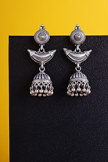 White Finish Kemp Stone Temple Jhumka Earrings In Sterling Silver