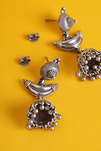 White Finish Kemp Stone Temple Jhumka Earrings In Sterling Silver