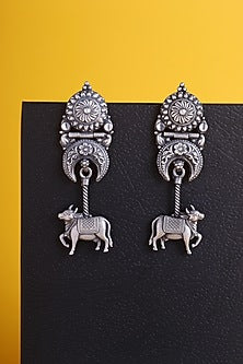 White Finish Kemp Stone Temple Cow Earrings In Sterling Silver