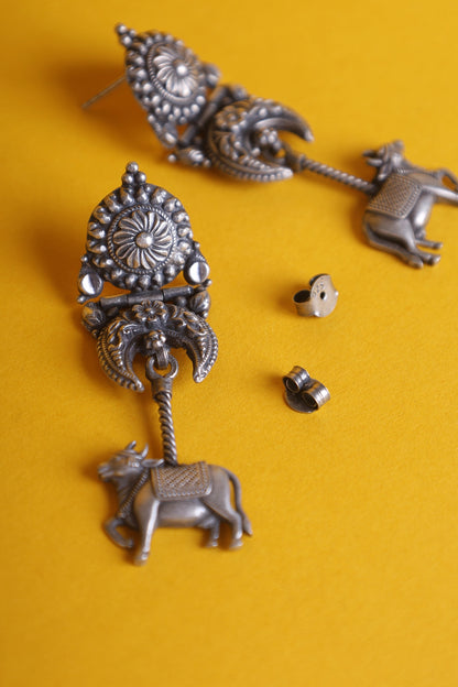 White Finish Kemp Stone Temple Cow Earrings In Sterling Silver