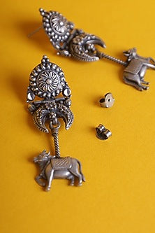 White Finish Kemp Stone Temple Cow Earrings In Sterling Silver